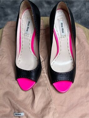 Miu Miu Black Leather Pumps with Bright Pink Peep Toe